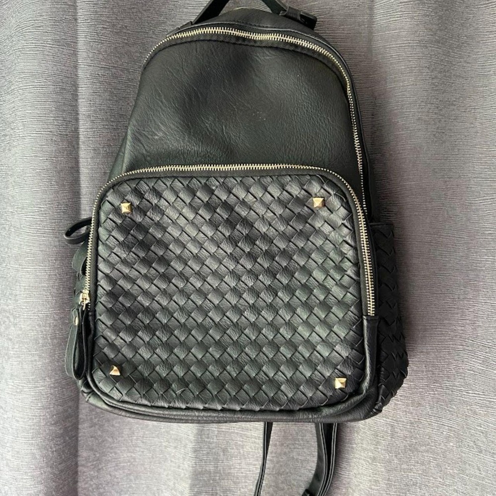 Madison West Black Vegan Leather Backpack W/ Basket Weave Braid - Brass Zippers‎